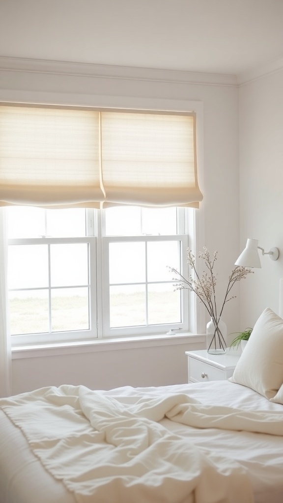 A minimalist coastal bedroom with light-filtering shades and a serene vibe.