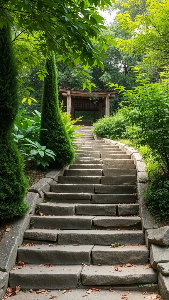 Natural stone steps leading through lush greenery in a garden