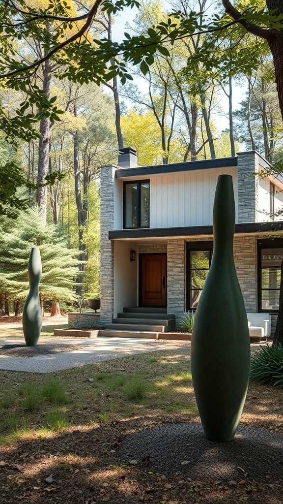 Modern house with two outdoor sculptures in a wooded area