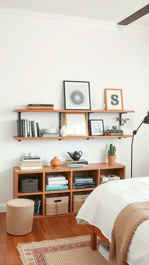 Stylish open shelving in a minimalist boho coastal bedroom, featuring books, decorative items, and woven baskets.