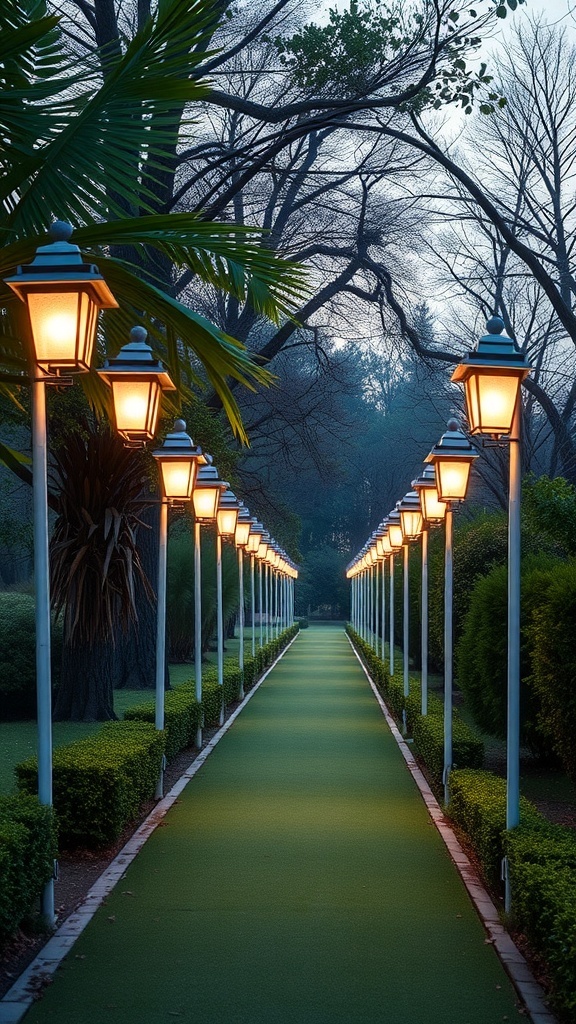A green pathway illuminated by white lanterns on either side, surrounded by lush greenery.