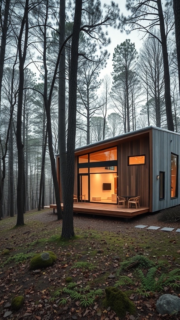 A modern house in the woods with large windows and a wooden deck surrounded by trees.