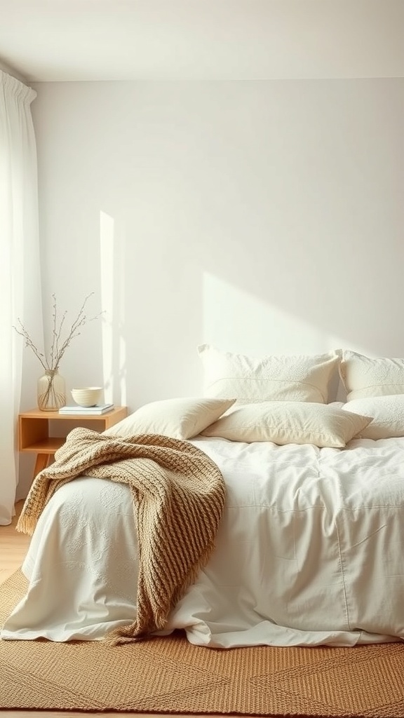 A cozy minimalist boho coastal bedroom featuring textured fabrics, including a chunky knit throw, soft white bedding, and natural light.