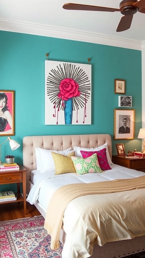 A modern bedroom featuring a bold mural on the wall with playful text, cozy bedding, and wooden furniture.