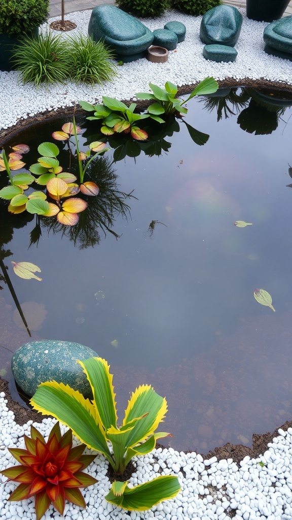 A tranquil water garden featuring a pond surrounded by white gravel and lush green plants.
