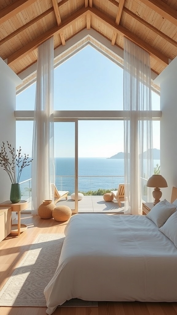 A minimalist boho coastal bedroom with large windows showcasing ocean views.