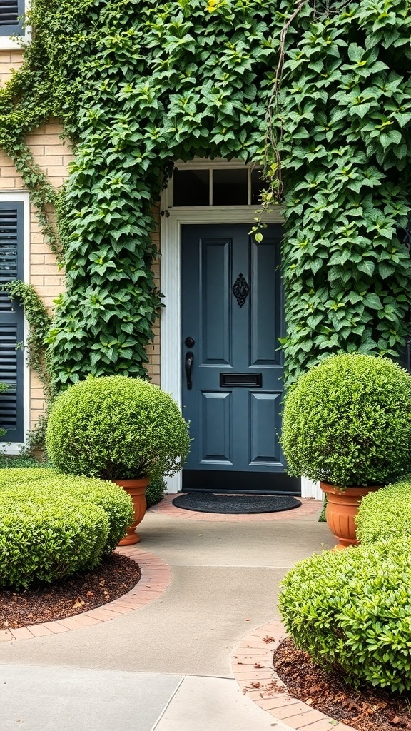 A front yard with neatly trimmed boxwoods and climbing vines framing a blue door.