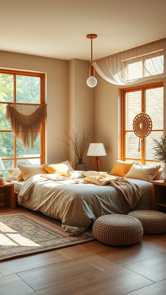 A serene bedroom featuring earthy tones, large windows, and cozy bedding.
