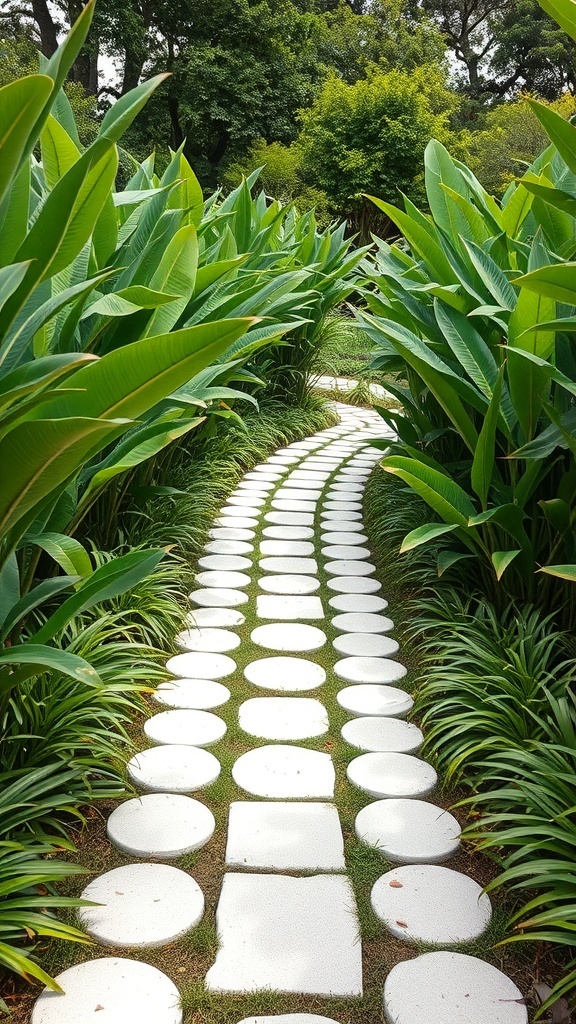 A serene garden pathway made of white stones surrounded by lush green plants and a wooden bench.