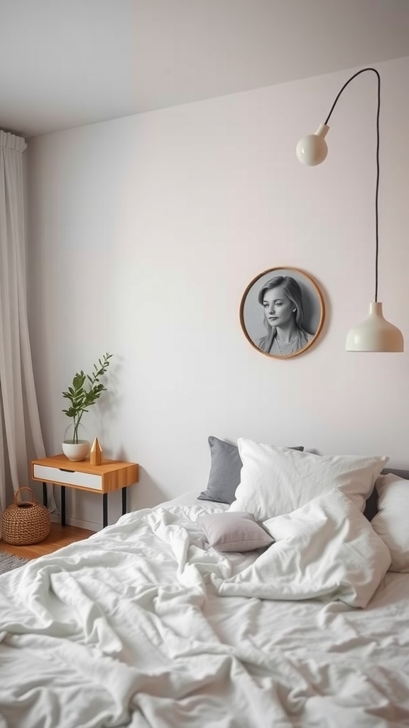 A serene modern bedroom with white bedding, wooden furniture, and framed artwork.