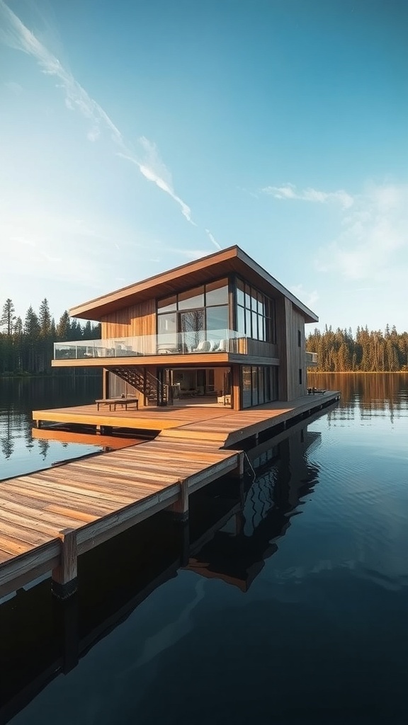 A modern floating house on a lake with a wooden dock leading to it, surrounded by trees.