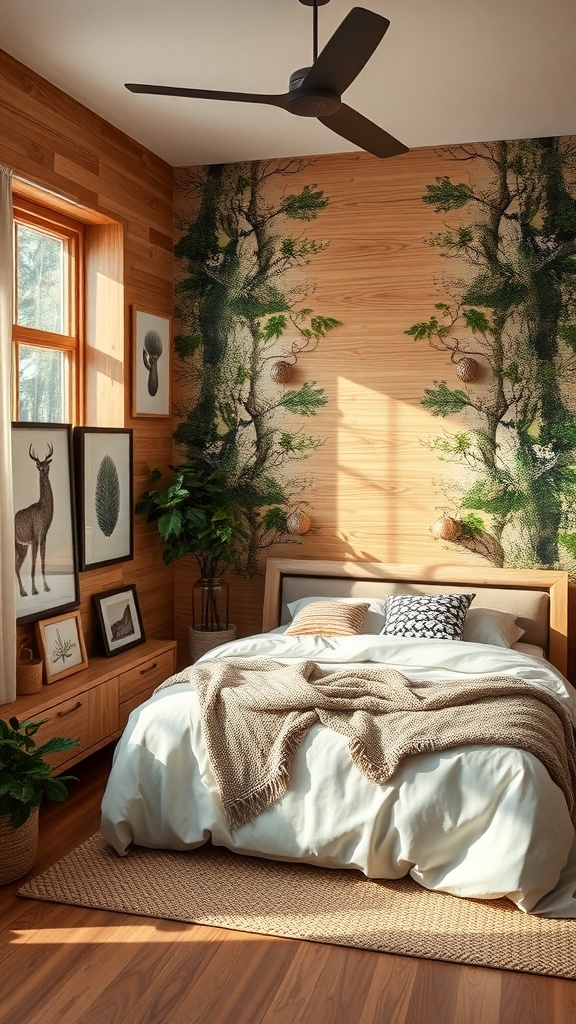 A serene woodland-themed bedroom with wooden walls, a forest mural, and cozy bedding.