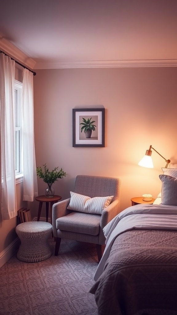 A cozy bedroom nook featuring a comfortable armchair, soft curtains, and warm lighting.