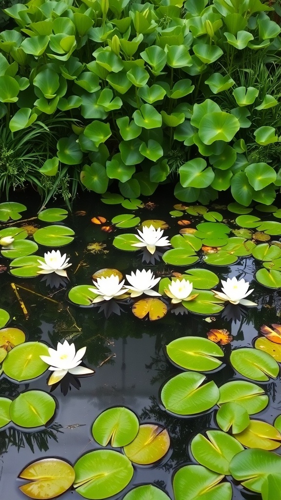 A serene lily pond with white lilies and green lily pads surrounded by lush greenery.