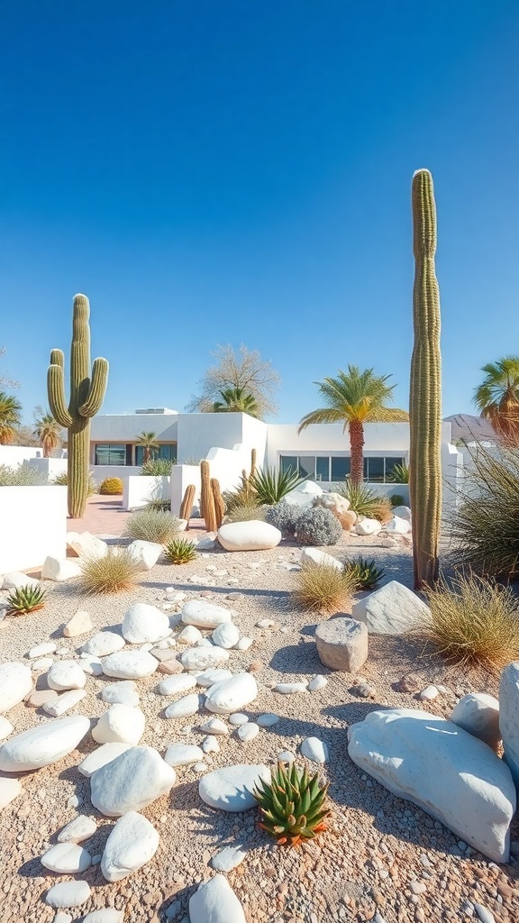 Desert garden featuring white stones, cacti, and succulents under a clear blue sky.