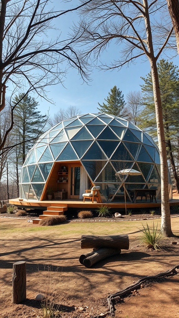 A unique geodesic dome home with a stone path leading to the entrance, surrounded by trees and rocks.