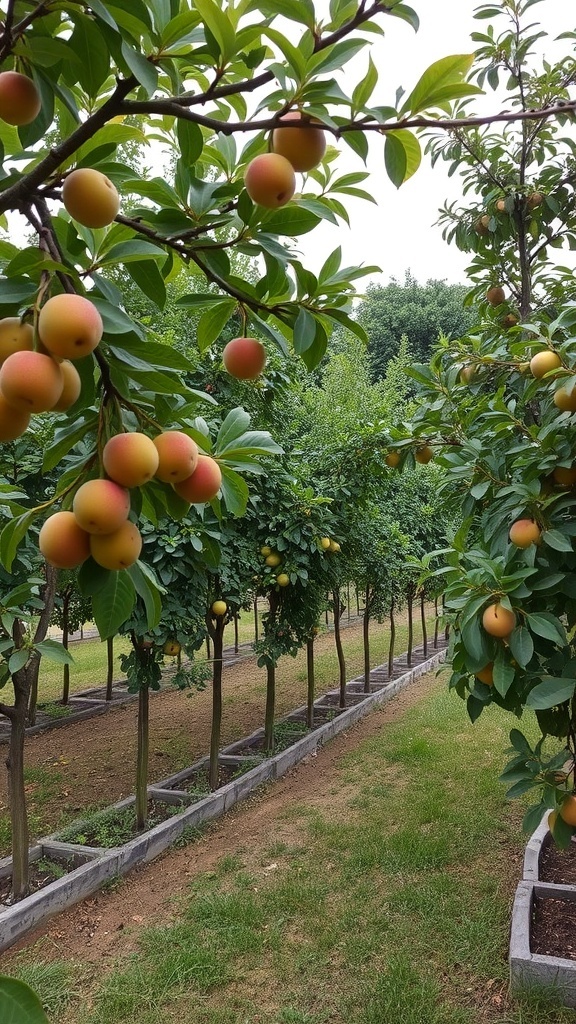 Rows of fruit trees with ripe fruits in a garden setting