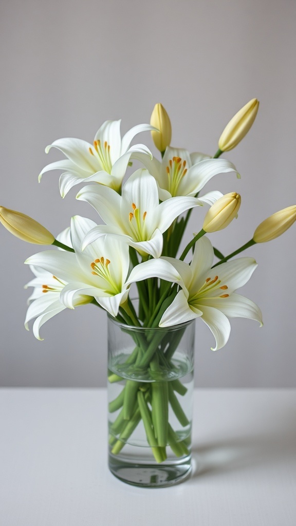 A bouquet of white lilies in a glass vase, with some buds ready to bloom.