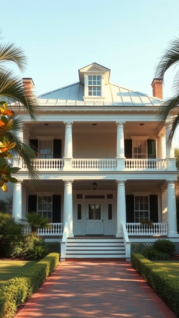 A charming Southern plantation home with tall columns, a spacious porch, and lush greenery.