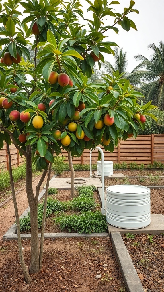 Fruit tree garden with rainwater harvesting system