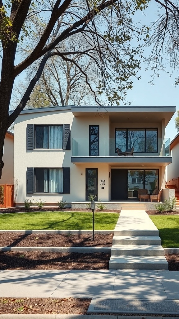 Modern split-level house with a clean design and landscaped front yard