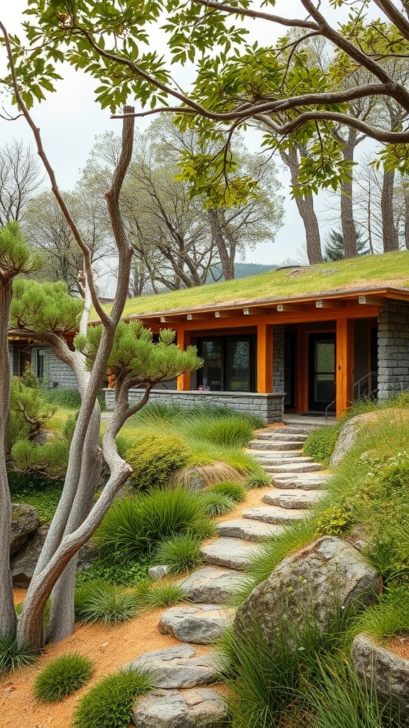 A sustainable earth-sheltered home with a green roof, surrounded by trees and a stone pathway.