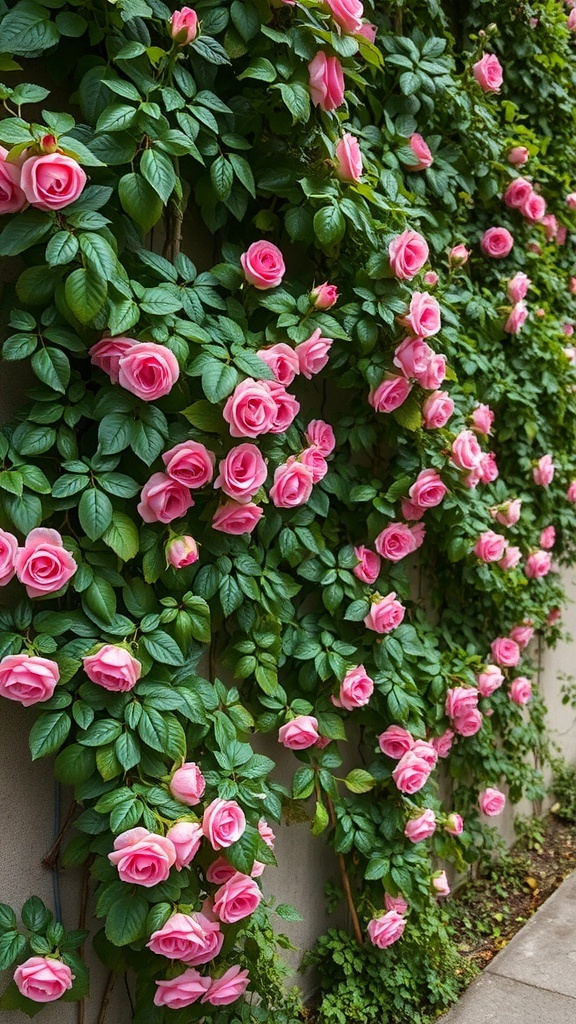Vertical garden with pink roses climbing a wall, showcasing a vibrant and lush backyard space.