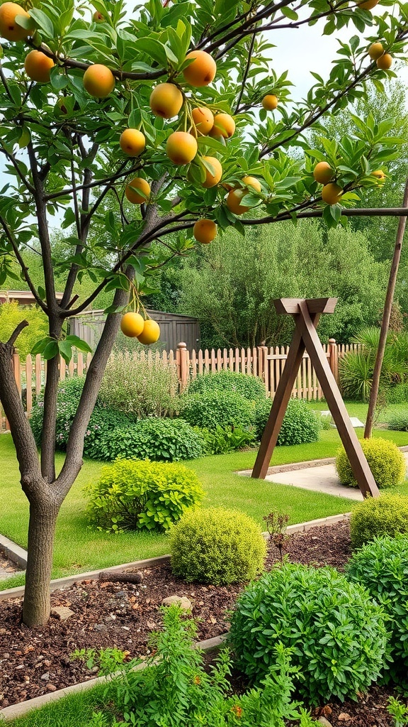 A vibrant garden featuring a fruit tree with golden fruits, surrounded by lush greenery and shrubs.