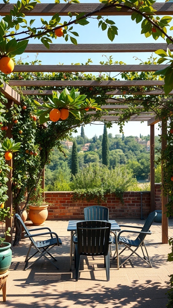 A beautiful pergola adorned with orange trees, featuring a cozy seating area.