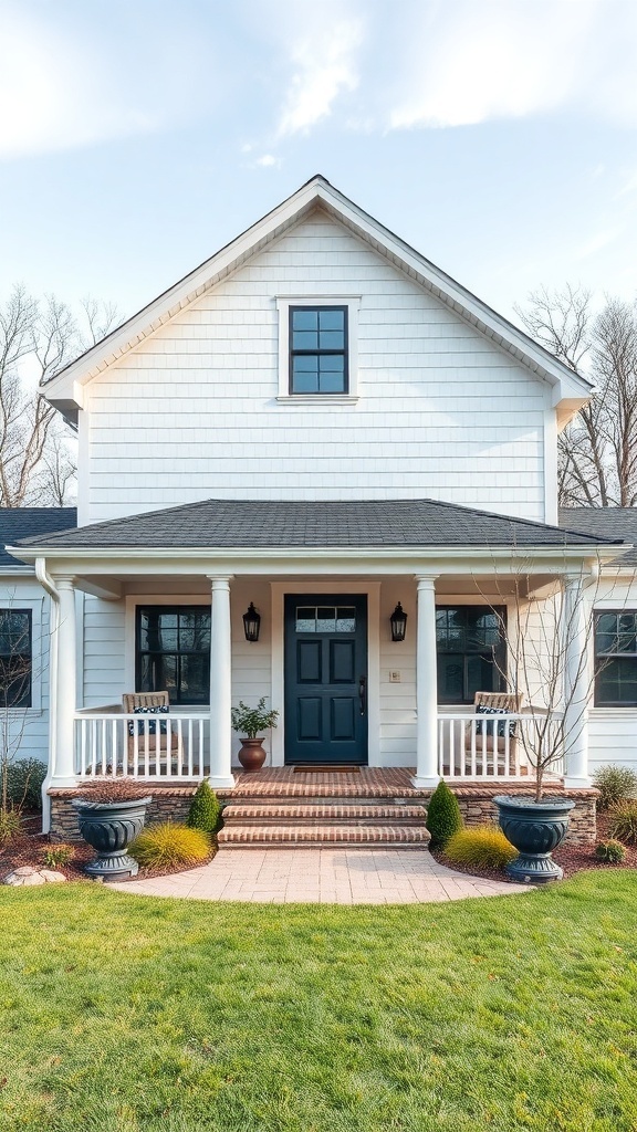 Front view of a modern farmhouse with white siding, dark door, and inviting porch.