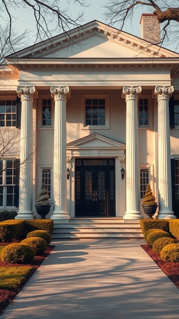 Front view of a sophisticated neo-classical home with tall columns and elegant landscaping.