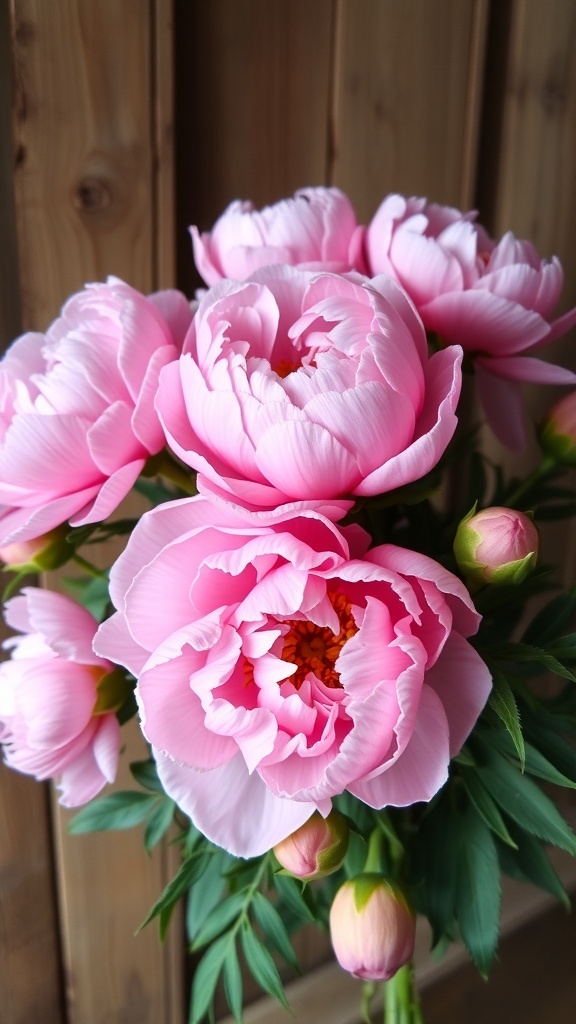 A bouquet of pink peonies with lush petals and green leaves