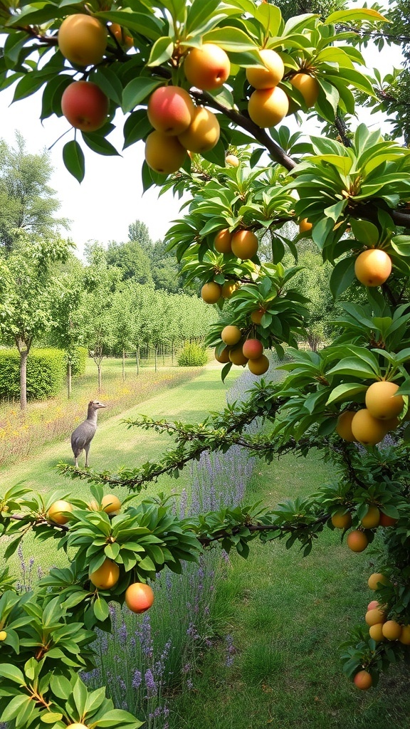 A fruit tree garden featuring colorful fruits and a bird in the background.