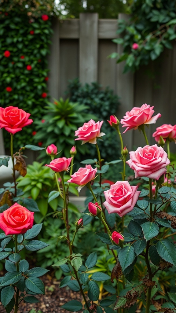 A beautiful rose garden with pink and red roses in full bloom, surrounded by lush greenery.