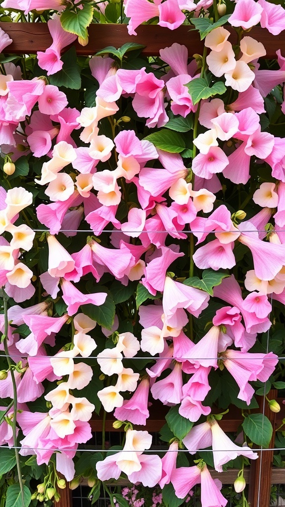 A vibrant display of pink and cream sweet pea flowers climbing on a trellis.