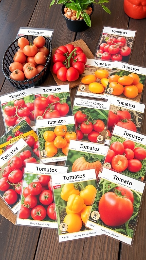 An assortment of tomato seed packets on a wooden table with a potted plant in the background.