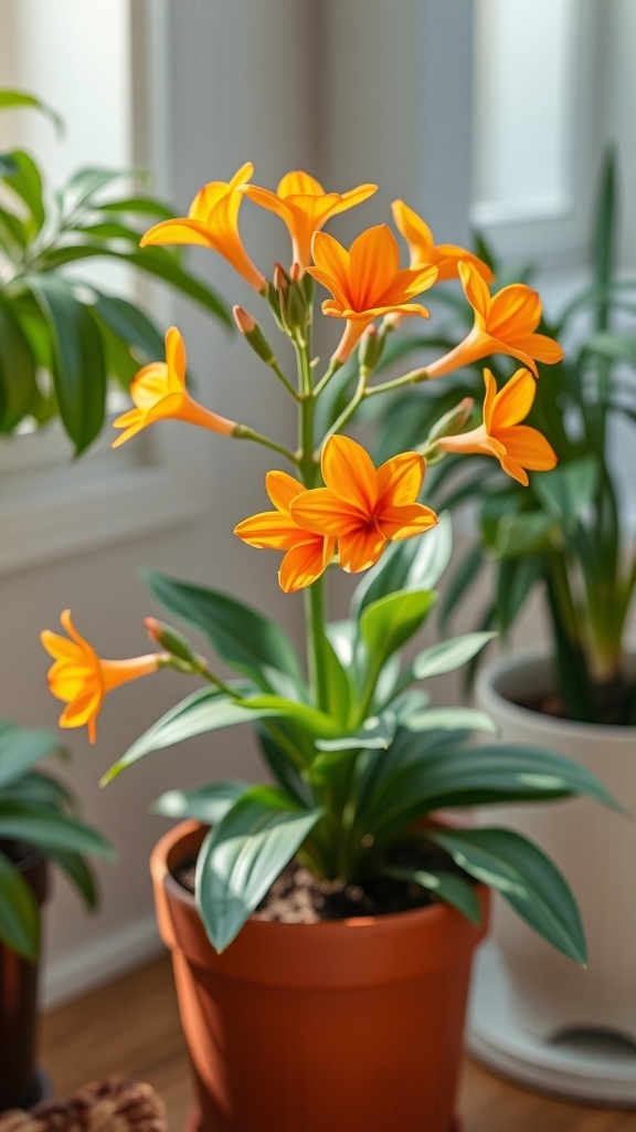 A Clivia plant with bright orange flowers and green leaves in a pot, placed indoors.