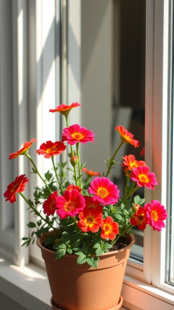 A pot of colorful Kalanchoe flowers by a window