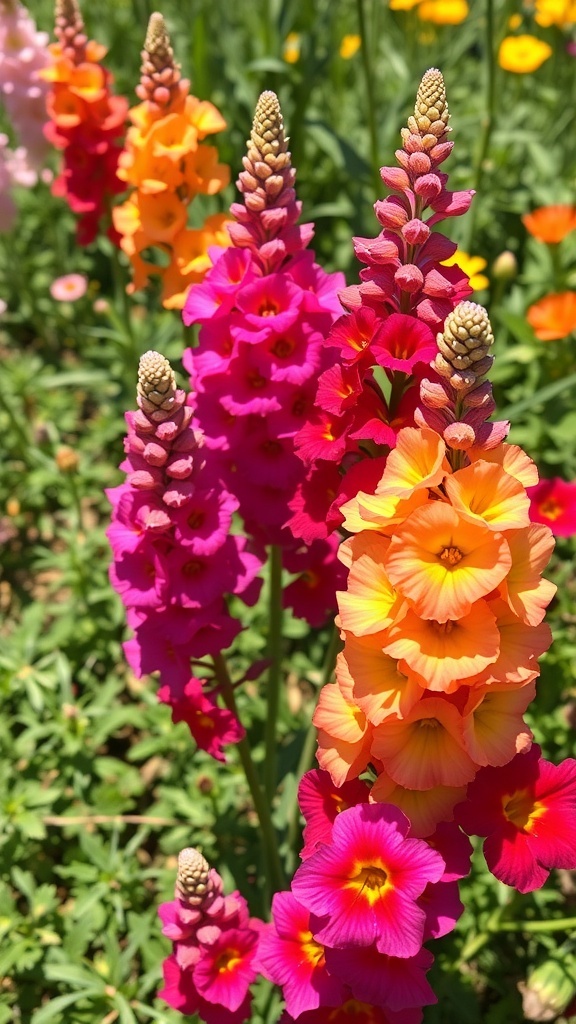 Colorful snapdragon flowers in shades of pink, orange, and yellow