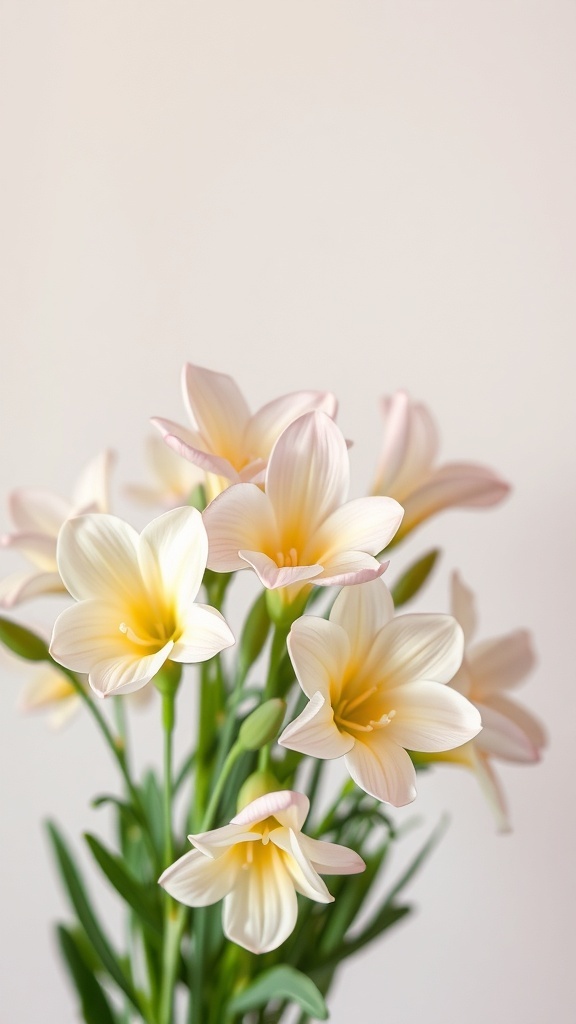 A bouquet of delicate freesias with soft yellow and white petals.