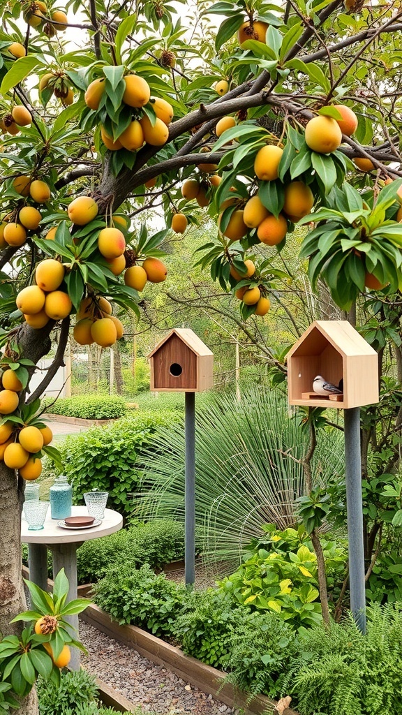A fruit tree garden with ripe yellow fruits, birdhouses, and a cozy seating area surrounded by greenery.