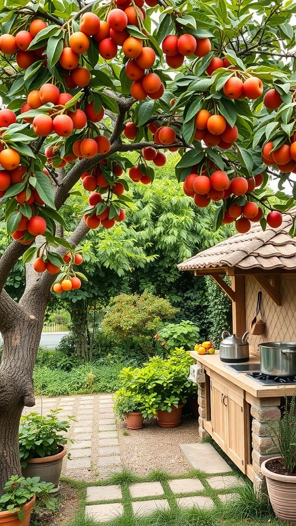 A fruit tree garden featuring a tree laden with orange fruit and an outdoor kitchen nearby.