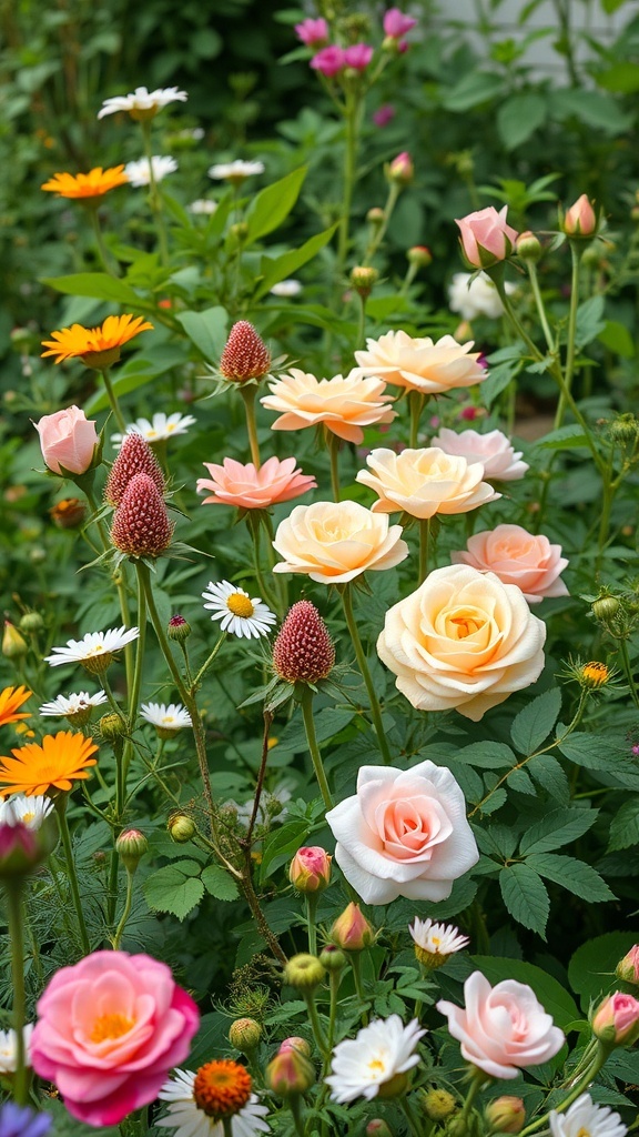 A vibrant mix of roses and wildflowers in a garden setting.