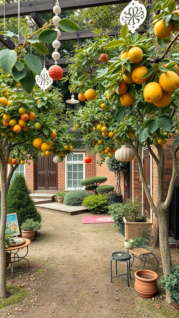 A vibrant Fruit Tree Garden with golden fruits, colorful decorations, and cozy seating areas.