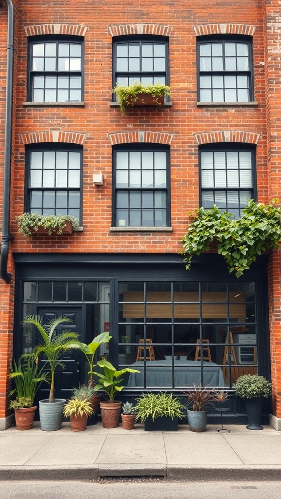 Chic industrial loft with exposed brick and large windows, featuring potted plants at the entrance.