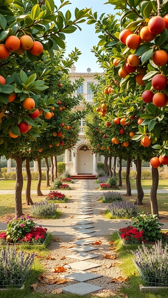 A beautiful fruit tree garden with a stone pathway, vibrant trees, and colorful flower beds.