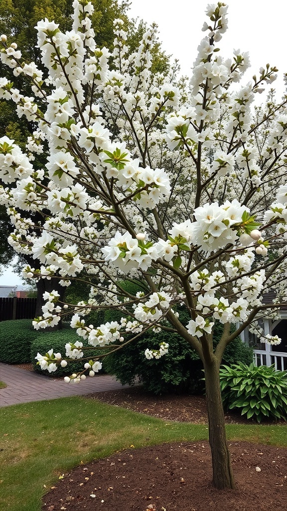 A serviceberry tree in bloom with white flowers.