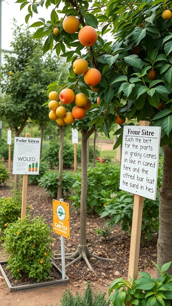Fruit tree garden with educational signage, featuring orange trees and informative signs.
