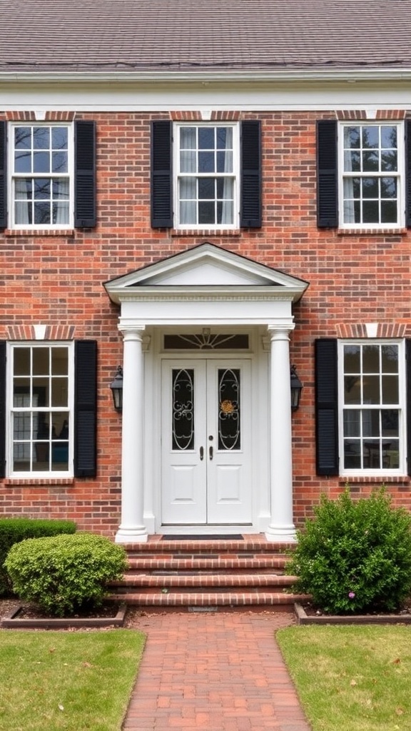 Front view of a colonial style house with red brick exterior, white double doors, and black shutters