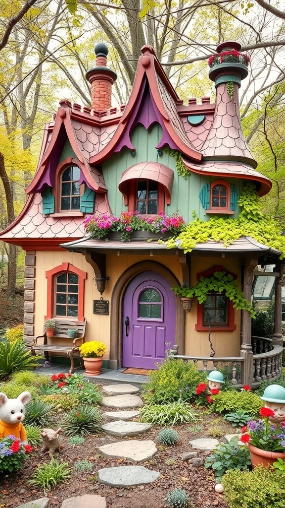 A whimsical fairy tale cottage with colorful exterior, vibrant flowers, and a charming pathway.